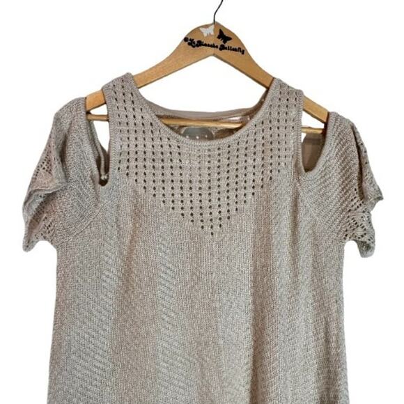LC Lauren Conrad Women’s XL Cold Shoulder Crochet Sweater Keyhole Tan Cream - Picture 3 of 5